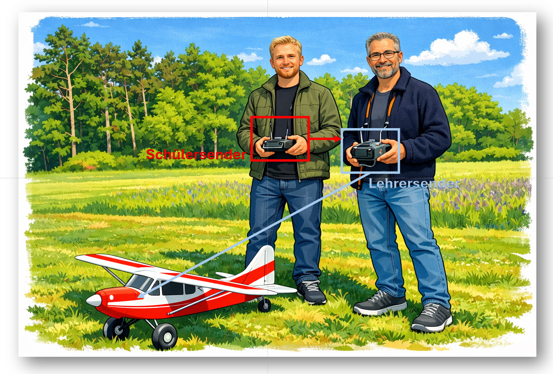 Lehrer-Schüler-Schnupperfliegen mit Modellflugzeug auf dem Fluggelände